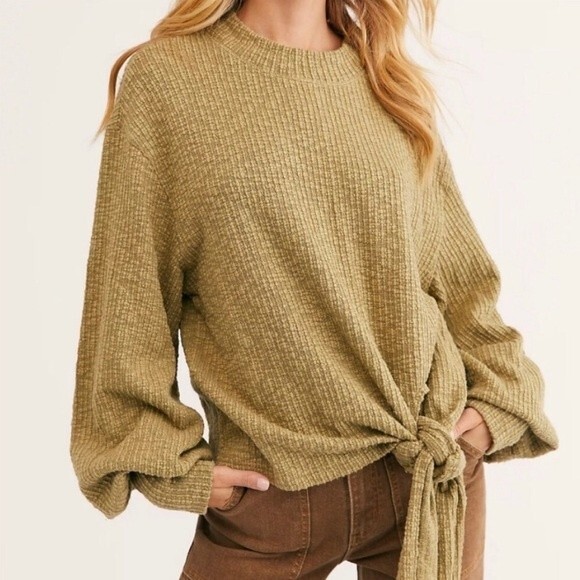 FREE PEOPLE BEACH SZ XS IVORY OVERSIZED RIBBED TIE FRONT LONG SLEEVE TOP - Picture 3 of 9